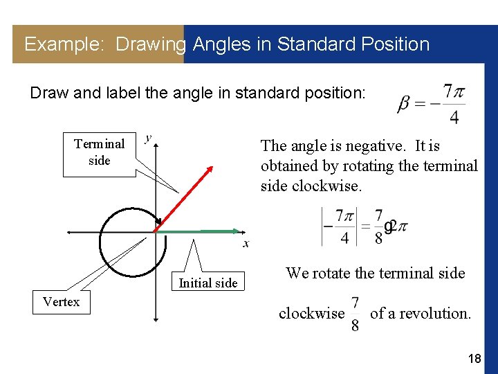 Example: Drawing Angles in Standard Position Draw and label the angle in standard position: