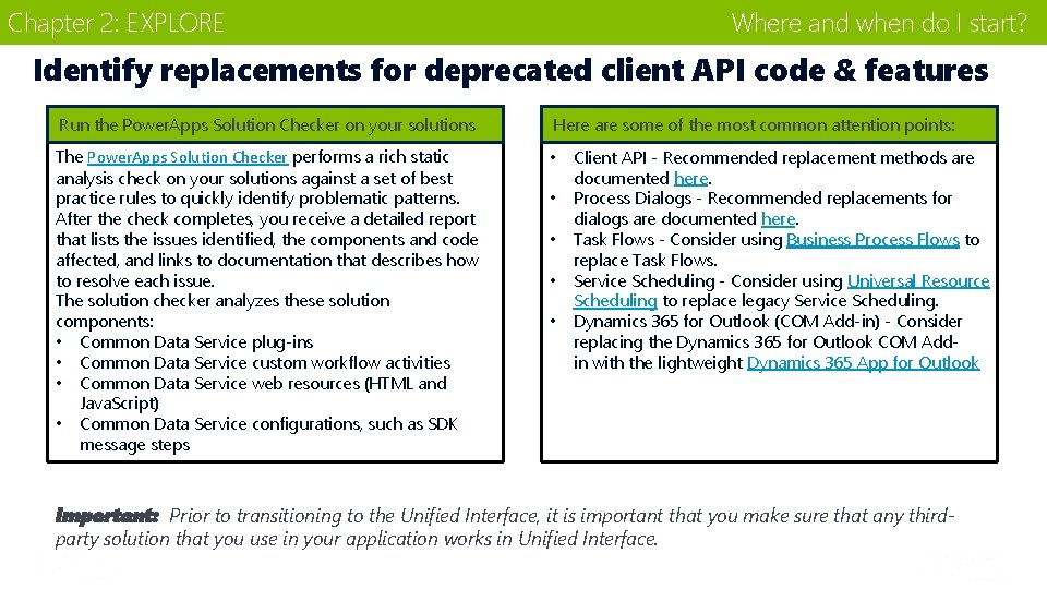 Chapter 2: EXPLORE Where and when do I start? Identify replacements for deprecated client