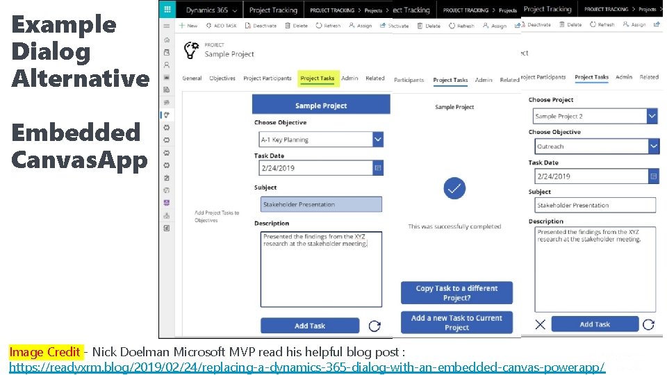 Example Dialog Alternative Embedded Canvas. App Image Credit - Nick Doelman Microsoft MVP read