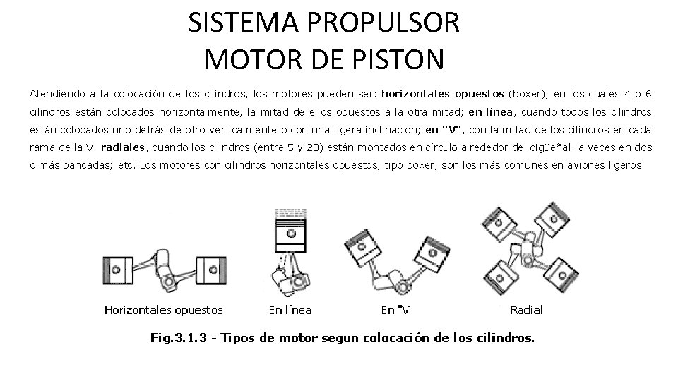 SISTEMA PROPULSOR MOTOR DE PISTON Atendiendo a la colocación de los cilindros, los motores SISTEMA PROPULSOR MOTOR DE PISTON Atendiendo a la colocación de los cilindros, los motores