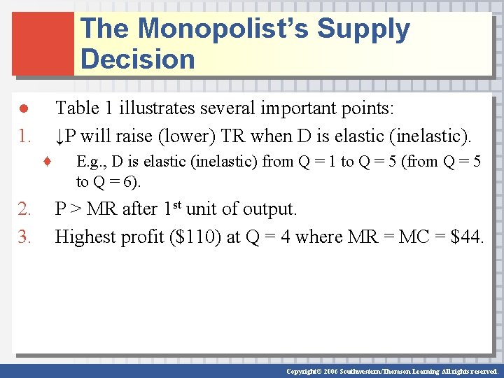 The Monopolist’s Supply Decision ● 1. Table 1 illustrates several important points: ↓P will