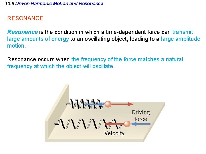 10. 6 Driven Harmonic Motion and Resonance RESONANCE Resonance is the condition in which