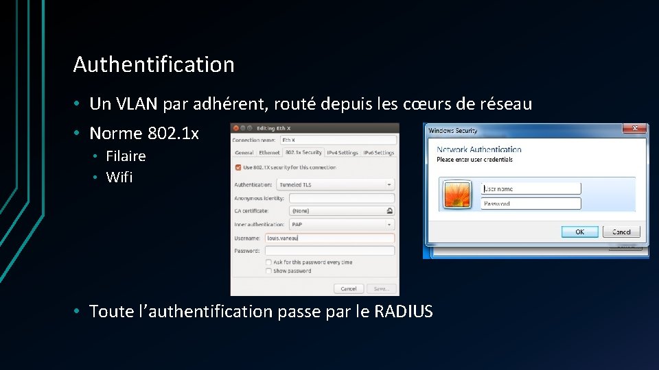 Authentification • Un VLAN par adhérent, routé depuis les cœurs de réseau • Norme Authentification • Un VLAN par adhérent, routé depuis les cœurs de réseau • Norme