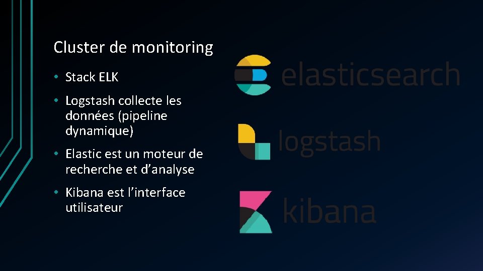 Cluster de monitoring • Stack ELK • Logstash collecte les données (pipeline dynamique) • Cluster de monitoring • Stack ELK • Logstash collecte les données (pipeline dynamique) •