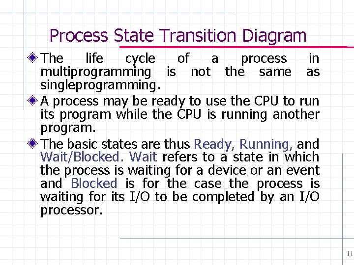 Process State Transition Diagram The life cycle of a process in multiprogramming is not