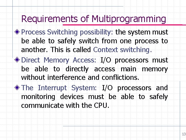 Requirements of Multiprogramming Process Switching possibility: the system must be able to safely switch