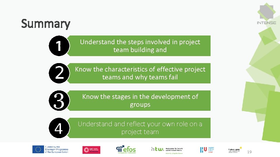 Summary Understand the steps involved in project team building and Know the characteristics of