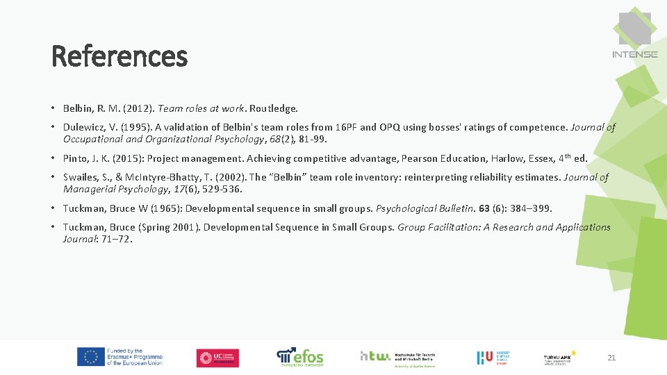 References • Belbin, R. M. (2012). Team roles at work. Routledge. • Dulewicz, V.