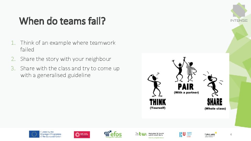When do teams fail? 1. Think of an example where teamwork failed 2. Share