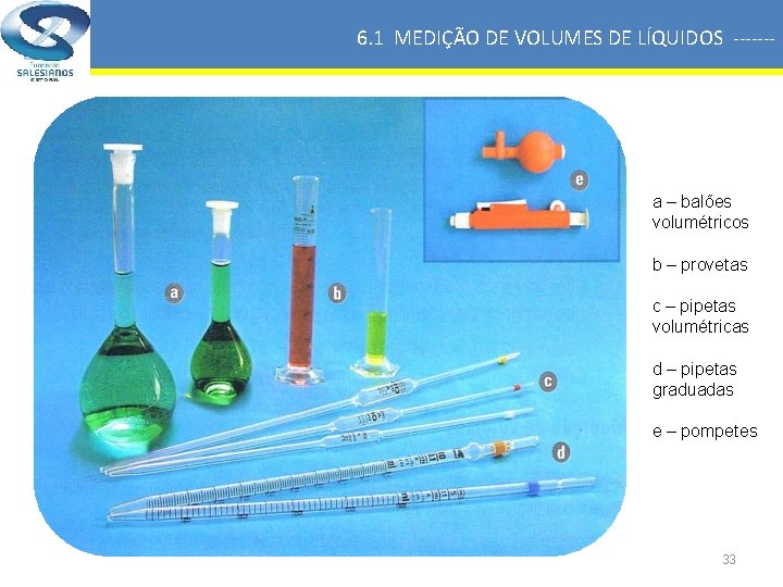 6. 1 MEDIÇÃO DE VOLUMES DE LÍQUIDOS ------- a – balões volumétricos b –