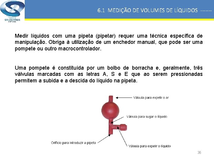 6. 1 MEDIÇÃO DE VOLUMES DE LÍQUIDOS ------- Medir líquidos com uma pipeta (pipetar)