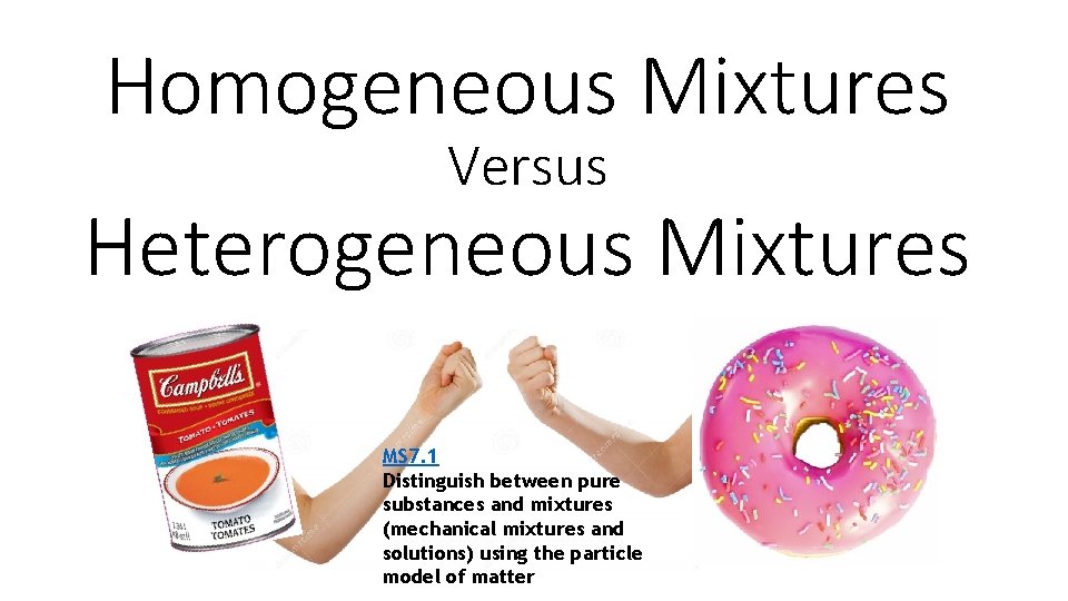 Homogeneous Mixtures Versus Heterogeneous Mixtures MS 7. 1 Distinguish between pure substances and mixtures