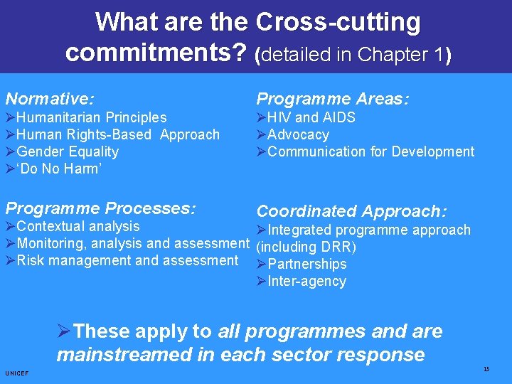 What are the Cross-cutting commitments? (detailed in Chapter 1) Normative: Programme Areas: ØHumanitarian Principles