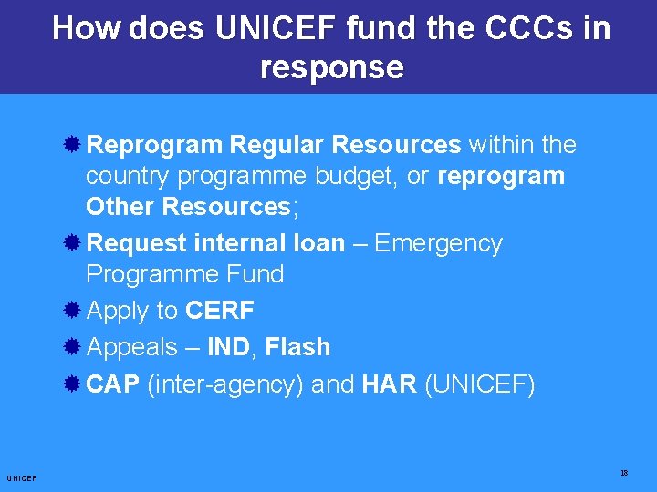 How does UNICEF fund the CCCs in response ® Reprogram Regular Resources within the