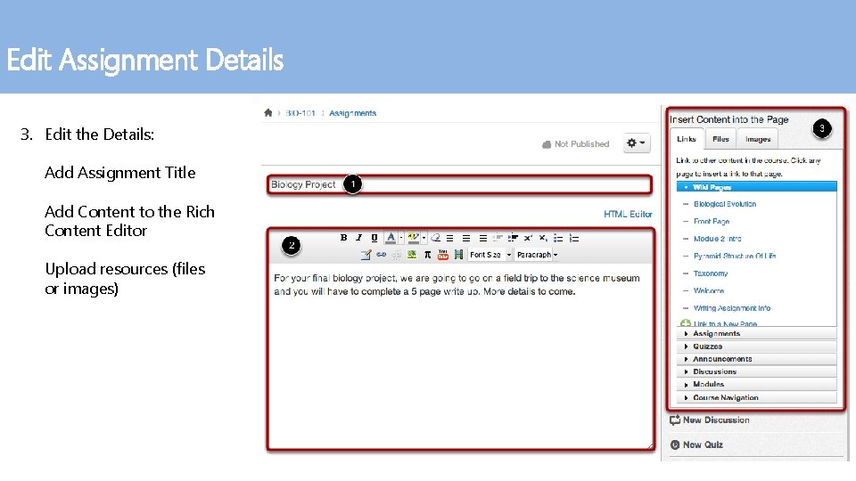 Edit Assignment Details 3. Edit the Details: Add Assignment Title Add Content to the