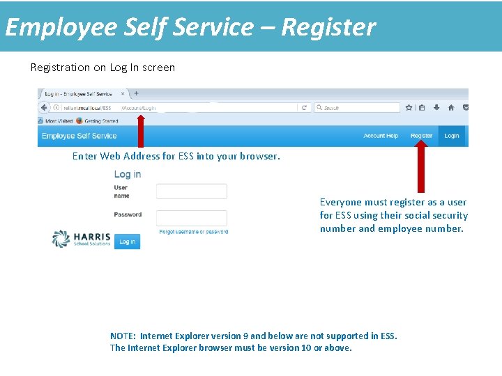 Employee Self Service – Register Registration on Log In screen Enter Web Address for Employee Self Service – Register Registration on Log In screen Enter Web Address for