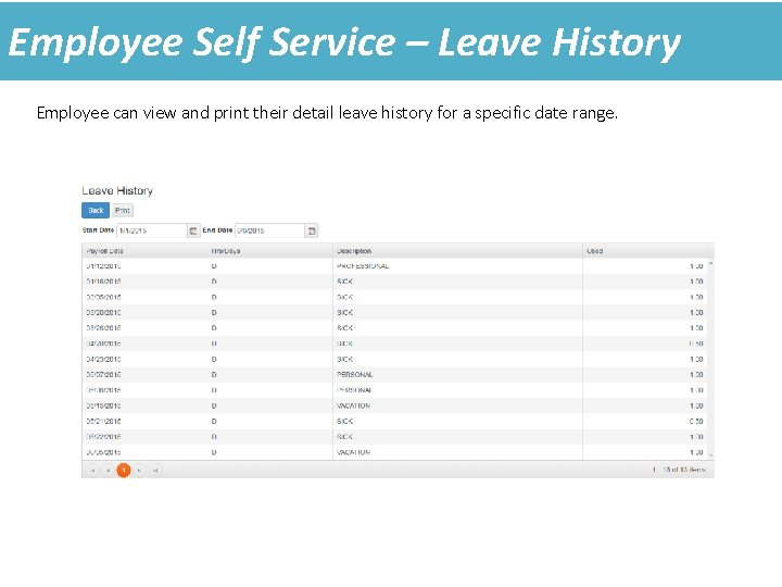 Employee Self Service – Leave History Employee can view and print their detail leave Employee Self Service – Leave History Employee can view and print their detail leave