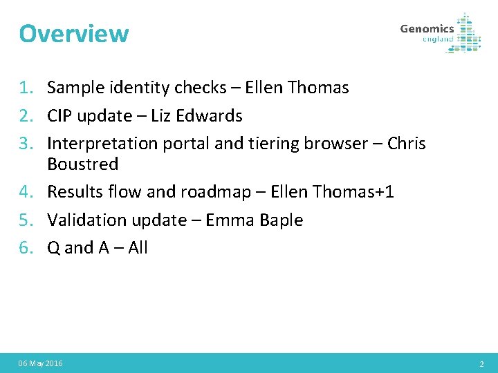 Overview 1. Sample identity checks – Ellen Thomas 2. CIP update – Liz Edwards