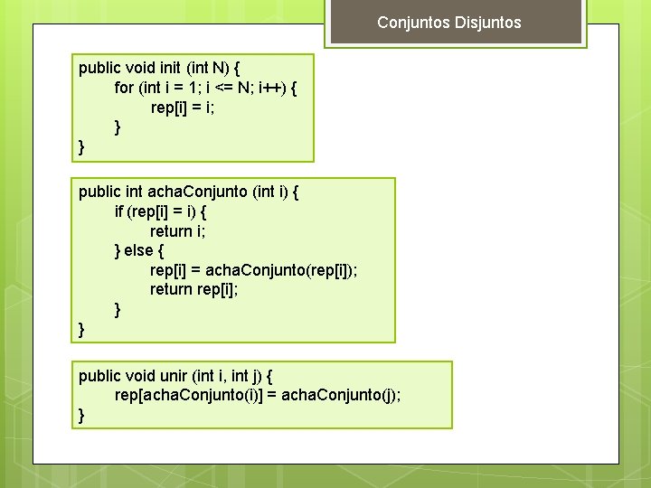 Conjuntos Disjuntos public void init (int N) { for (int i = 1; i