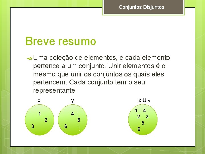 Conjuntos Disjuntos Breve resumo Uma coleção de elementos, e cada elemento pertence a um