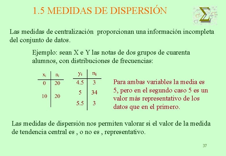 1. 5 MEDIDAS DE DISPERSIÓN Las medidas de centralización proporcionan una información incompleta del