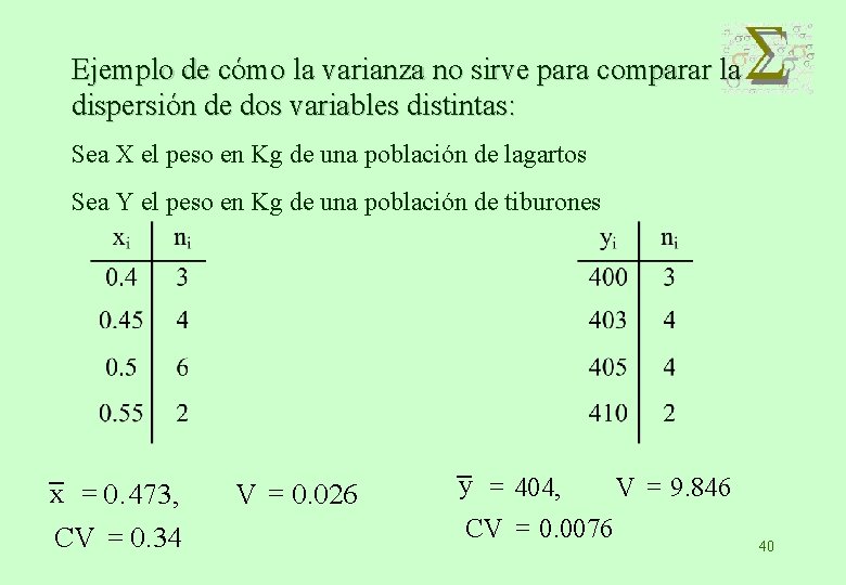 Ejemplo de cómo la varianza no sirve para comparar la dispersión de dos variables