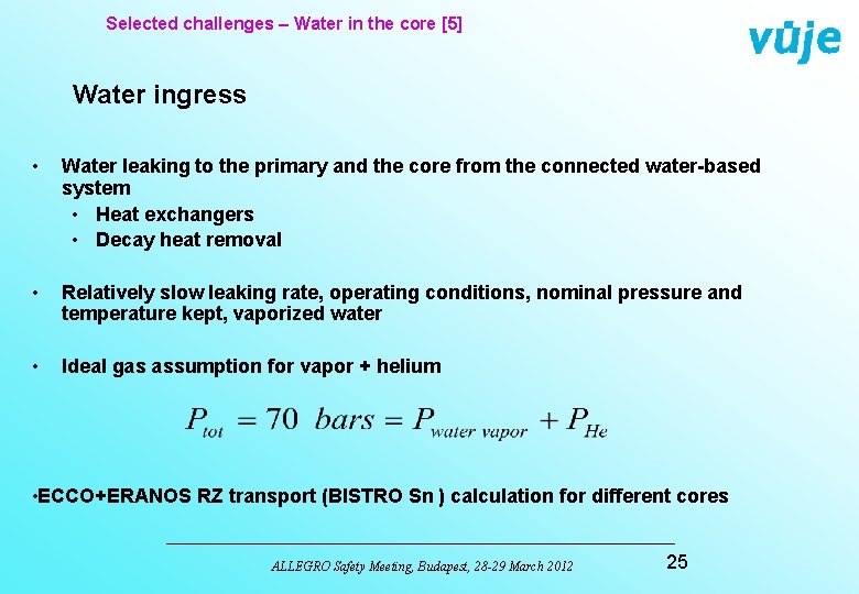 Selected challenges – Water in the core [5] Water ingress • Water leaking to