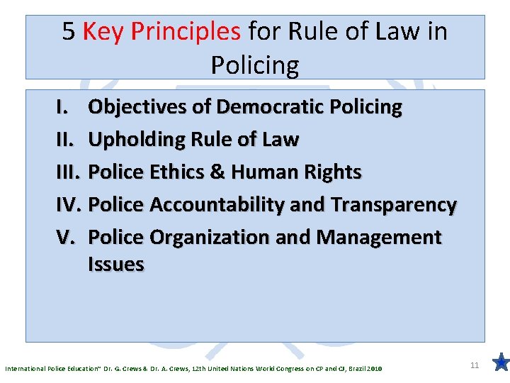 5 Key Principles for Rule of Law in Policing I. Objectives of Democratic Policing