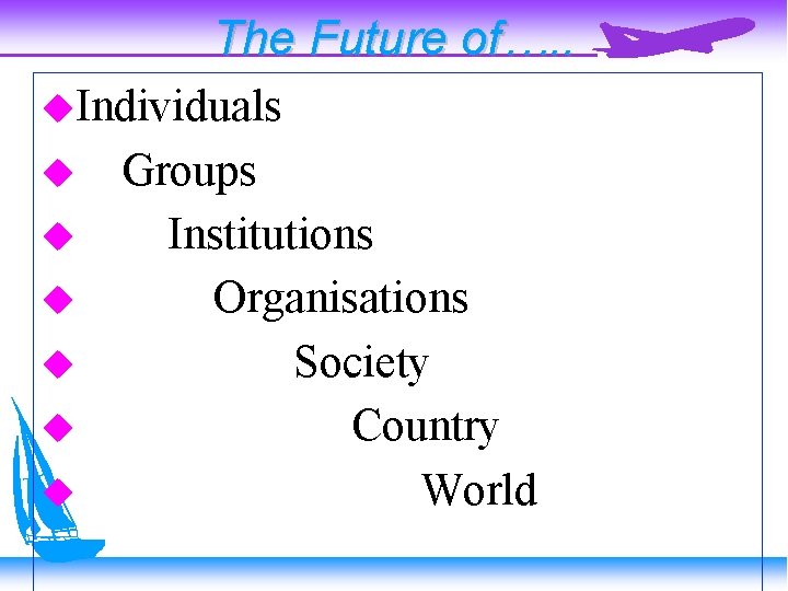 The Future of…. . Individuals Groups Institutions Organisations Society Country World 