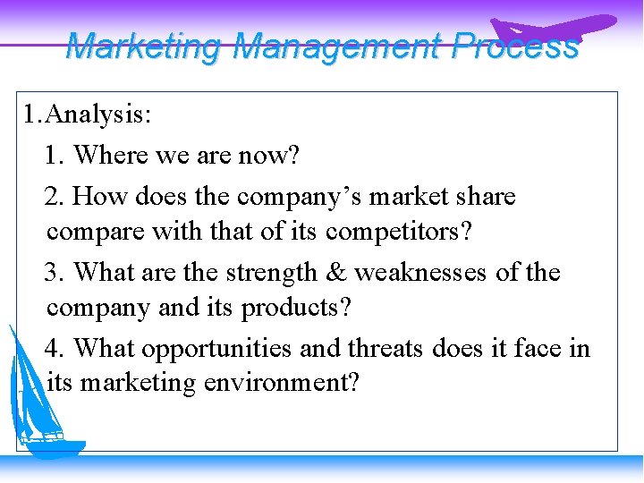 Marketing Management Process 1. Analysis: 1. Where we are now? 2. How does the