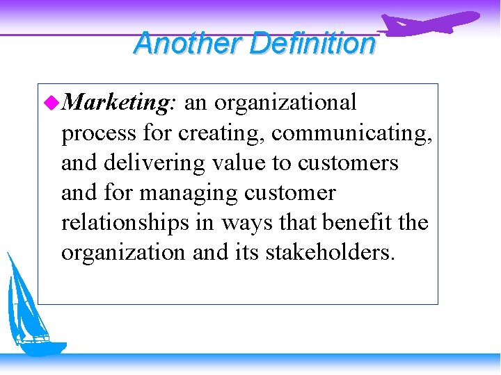 Another Definition Marketing: an organizational process for creating, communicating, and delivering value to customers