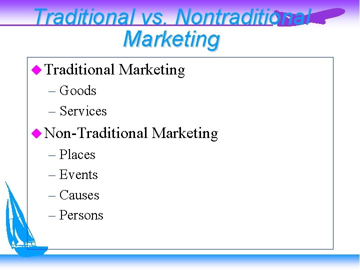 Traditional vs. Nontraditional Marketing Traditional Marketing – Goods – Services Non-Traditional – Places –