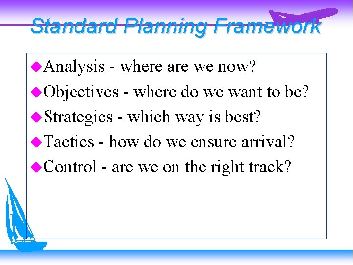 Standard Planning Framework Analysis - where are we now? Objectives - where do we