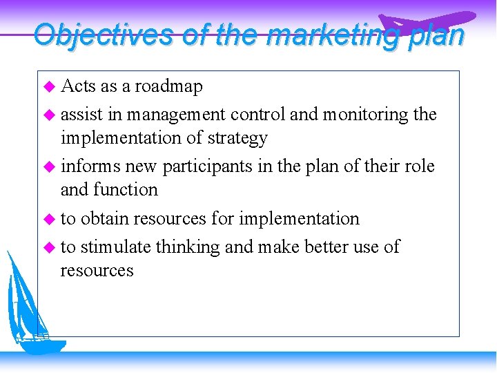 Objectives of the marketing plan Acts as a roadmap assist in management control and