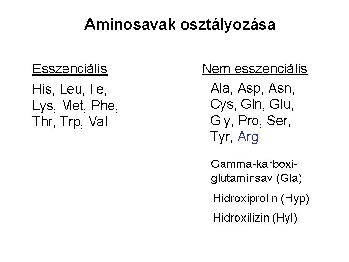 Aminosavak osztályozása Esszenciális His, Leu, Ile, Lys, Met, Phe, Thr, Trp, Val Nem esszenciális