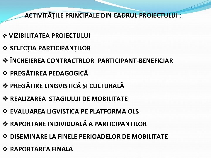 ACTIVITĂȚILE PRINCIPALE DIN CADRUL PROIECTULUI : v VIZIBILITATEA PROIECTULUI v SELECȚIA PARTICIPANȚILOR v ÎNCHEIEREA