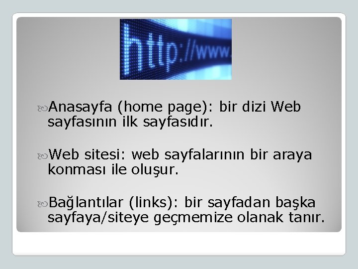  Anasayfa (home page): bir dizi Web sayfasının ilk sayfasıdır. Web sitesi: web sayfalarının