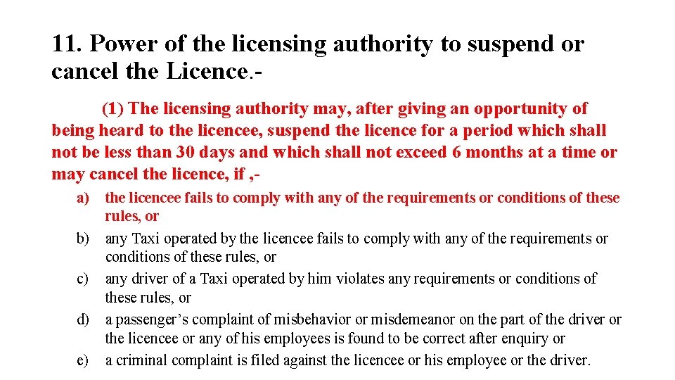 11. Power of the licensing authority to suspend or cancel the Licence. - (1)