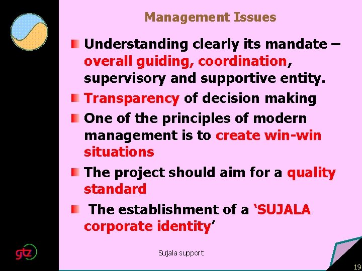 Management Issues Understanding clearly its mandate – overall guiding, coordination, supervisory and supportive entity.