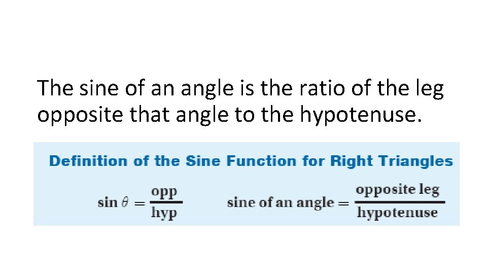 The sine of an angle is the ratio of the leg opposite that angle