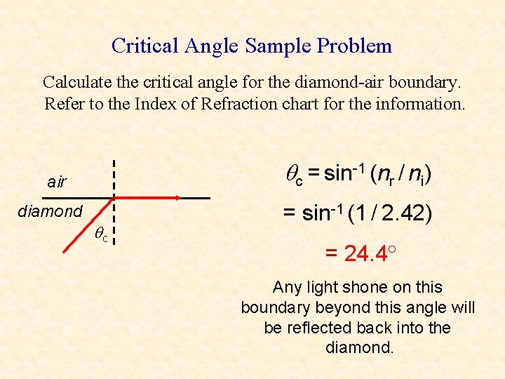 Critical Angle Sample Problem Calculate the critical angle for the diamond-air boundary. Refer to