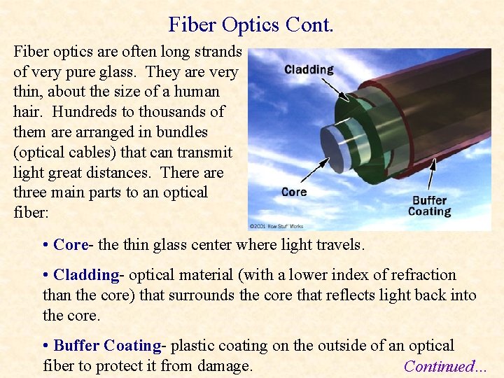 Fiber Optics Cont. Fiber optics are often long strands of very pure glass. They