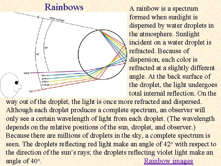 Rainbows A rainbow is a spectrum formed when sunlight is dispersed by water droplets