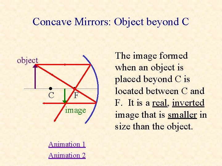 Concave Mirrors: Object beyond C object • C • F image Animation 1 Animation