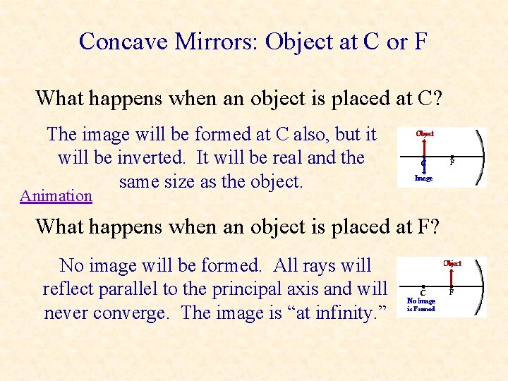 Concave Mirrors: Object at C or F What happens when an object is placed