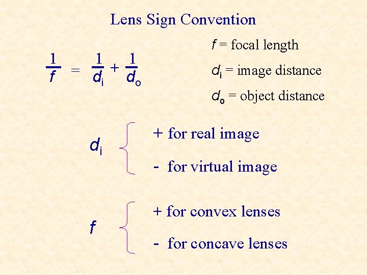 Lens Sign Convention 1 1 1 + = f di do di f f