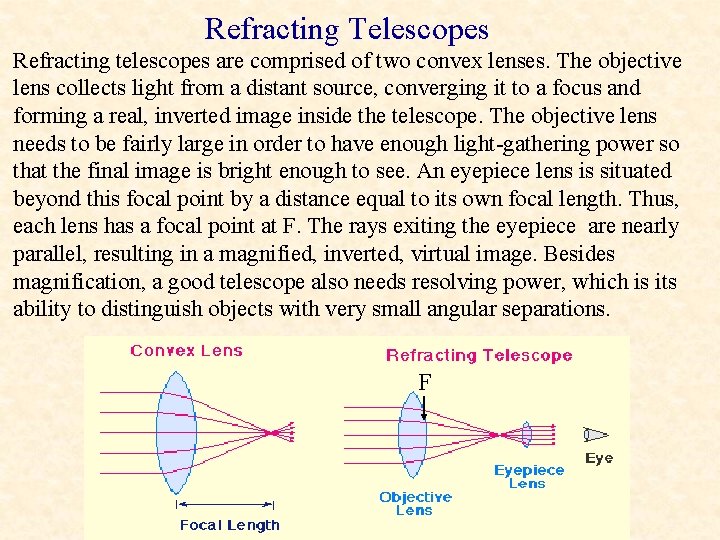 Refracting Telescopes Refracting telescopes are comprised of two convex lenses. The objective lens collects