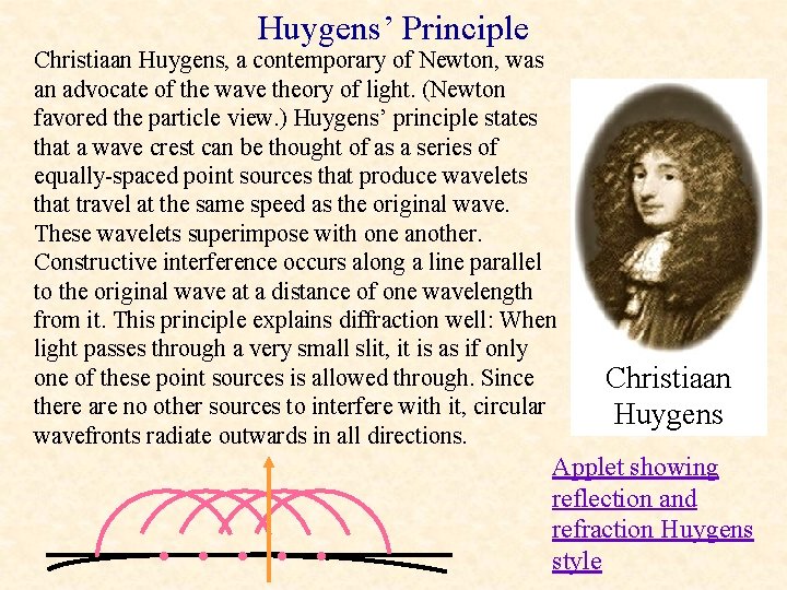 Huygens’ Principle Christiaan Huygens, a contemporary of Newton, was an advocate of the wave