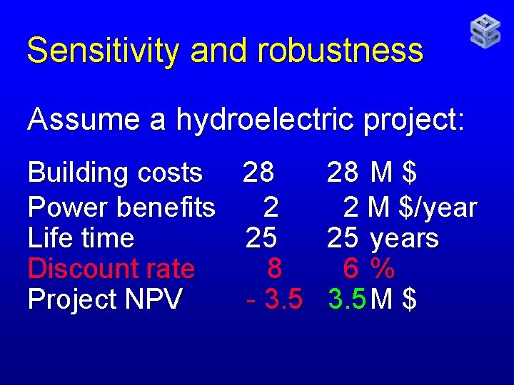 Sensitivity and robustness Assume a hydroelectric project: Building costs 28 Power benefits 2 Life