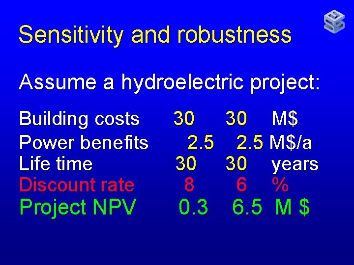 Sensitivity and robustness Assume a hydroelectric project: Building costs Power benefits Life time Discount